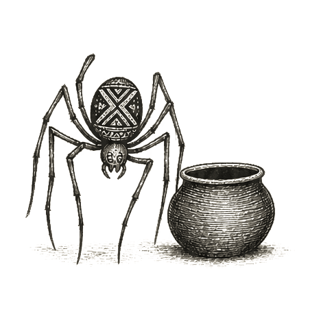 Sumi-e ink brushwork of a single spider figure beside a clay pot, alone in empty space