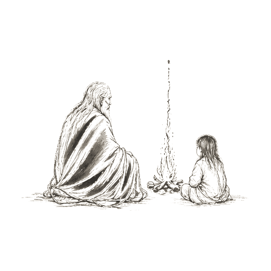 Sumi-e ink brushwork of an old robed figure and a small child seated side by side facing a small fire, alone in empty space
