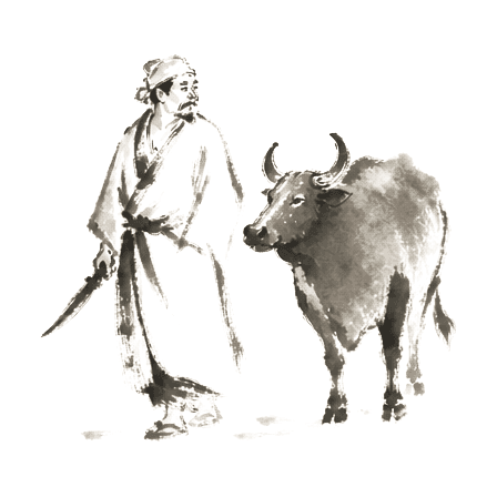 Sumi-e ink brushwork of a cook in a simple robe holding a slender blade in his hand, a large ox standing patiently beside him