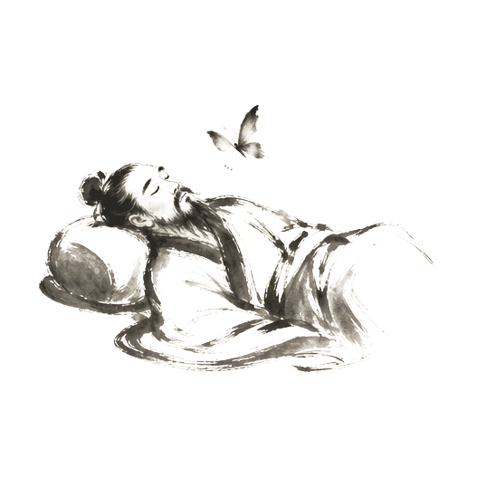 Sumi-e ink brushwork of a sleeping figure on a low cushion with a small butterfly hovering near the face