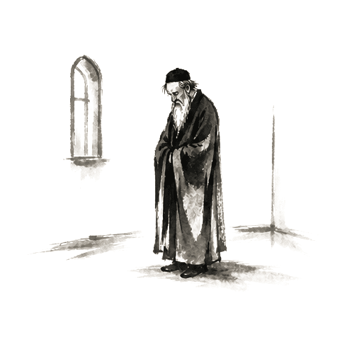 Sumi-e ink brushwork of a single old robed rabbi in worn clothes standing in a small bare room, alone in empty space