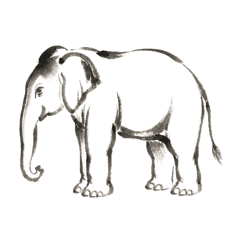 Sumi-e ink brushwork of a single elephant standing alone, large body rendered in two or three confident brushstrokes