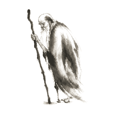 Sumi-e ink brushwork of an old stooped man with a long staff