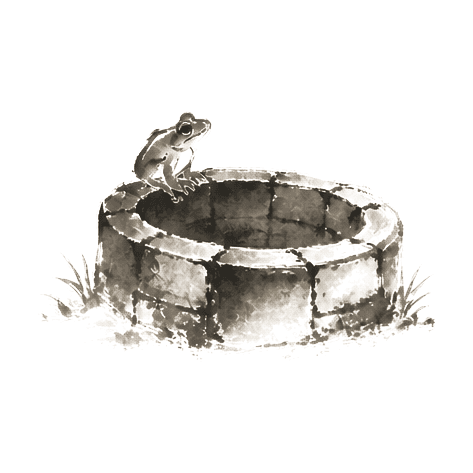 Sumi-e ink brushwork of a small frog at the lip of a circular stone well, peering out