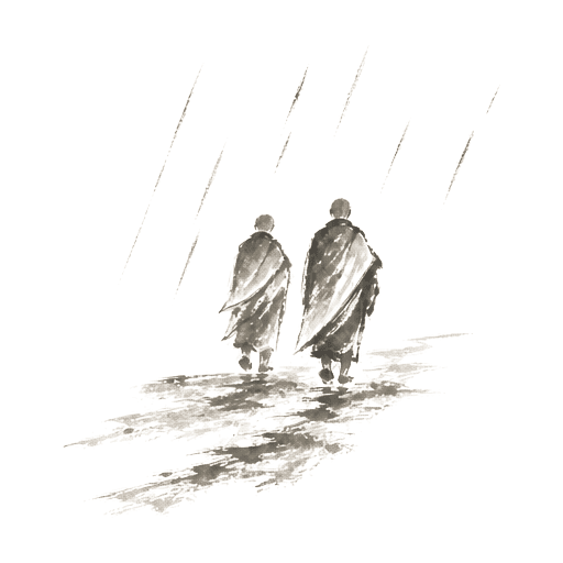 Sumi-e ink brushwork of two monks in simple robes walking together on a muddy road, rough strokes suggesting rain
