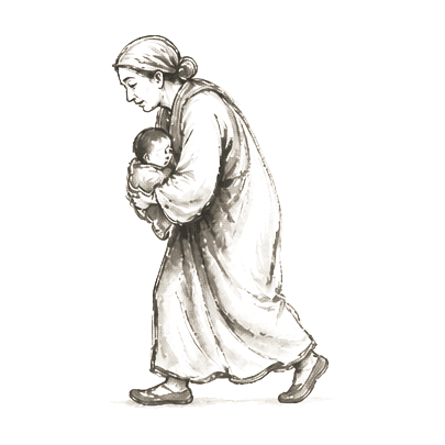 Sumi-e ink brushwork of a stooped woman walking, carrying a small bundled child in her arms, alone in empty space