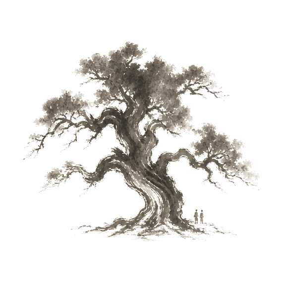 Sumi-e ink brushwork of a single large stylized tree, vast and crooked, with tiny figures at its base for scale