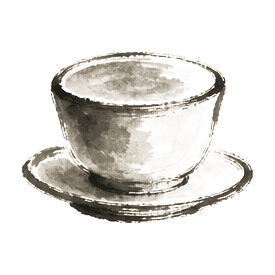 Sumi-e ink brushwork of a small ceramic teacup filled to the rim on a saucer
