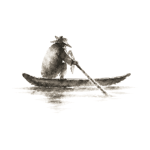 Sumi-e ink brushwork of a lone figure in a conical hat paddling a small slim sampan with a long oar on calm water