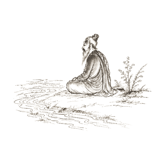 Sumi-e ink brushwork of a single robed sage seated cross-legged on a riverbank, watching flowing water, alone in empty space