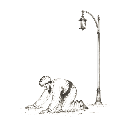 Sumi-e ink brushwork of a robed man kneeling beneath a single tall streetlamp, arms extended forward across the ground, alone in empty space