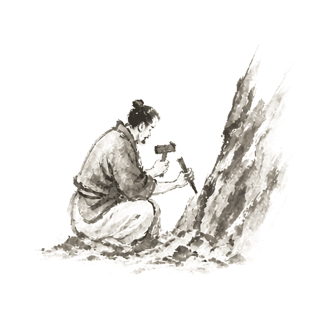 Sumi-e ink brushwork of a single figure with a stone chisel and small mallet, kneeling at a rock face, alone in empty space