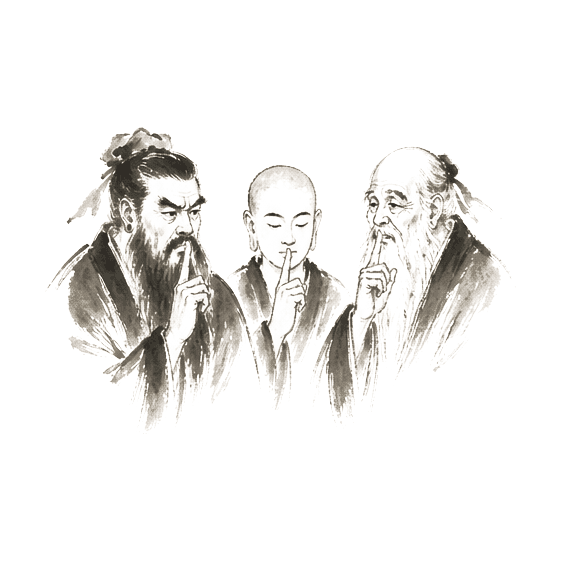 Sumi-e ink brushwork of three robed figures standing together, fingers raised near their mouths