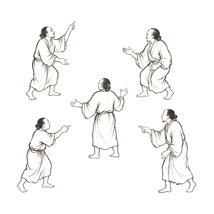 Sumi-e ink brushwork of several small human figures scattered in space, each gesturing differently