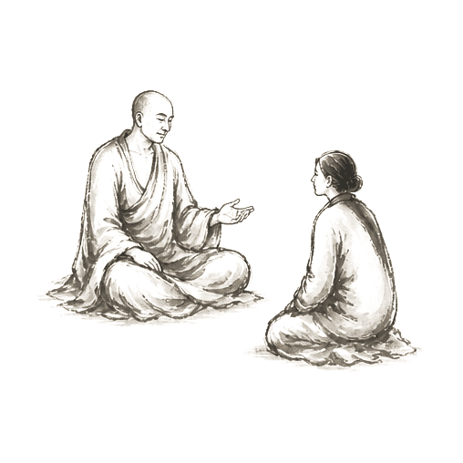Sumi-e ink brushwork of a seated monastic teacher in simple robes, one hand open in a calm gesture toward a woman kneeling before him