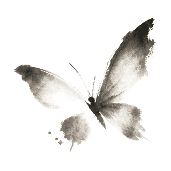 Sumi-e ink brushwork of a single butterfly mid-flight, wings spread, drifting through empty space