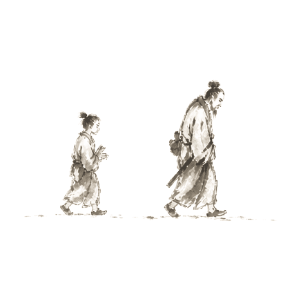 Sumi-e ink brushwork of two small figures in plain robes, one walking ahead and one following behind, in empty space
