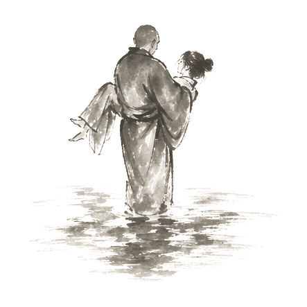Sumi-e ink brushwork of a monk holding a young woman in his arms while standing in shallow water and wet mud