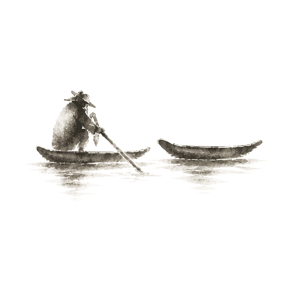 Sumi-e ink brushwork of the rower in his small slim sampan as an empty sampan drifts up from behind him on calm water