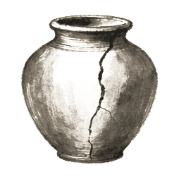 Sumi-e ink brushwork of a single clay pot with a visible vertical crack running down one side, alone in empty space