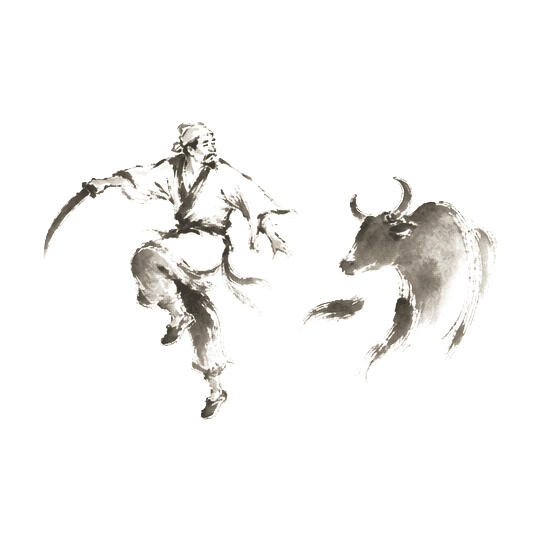 Sumi-e ink brushwork of a cook in mid-motion, body in a fluid dance — one leg lifted, shoulder leaning, blade extended; the ox suggested in a few strokes