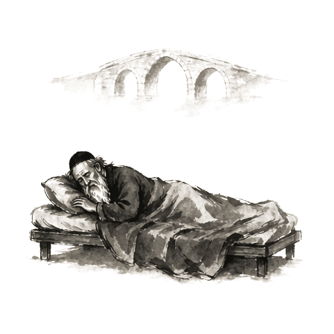 Sumi-e ink brushwork of a sleeping robed figure on a low bed, with the faint shape of a distant arched bridge floating in the empty space above