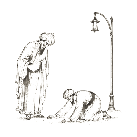 Sumi-e ink brushwork of two robed figures near a streetlamp, one standing beside one kneeling figure
