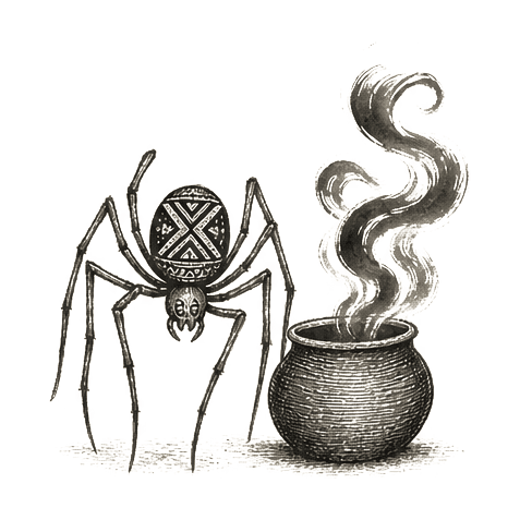 Sumi-e ink brushwork of a spider figure beside a clay pot with curling wisps rising from it