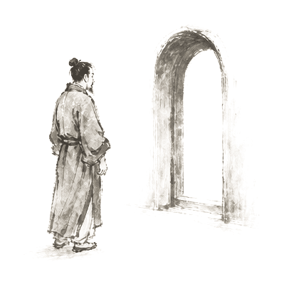 Sumi-e ink brushwork of a single man facing a tall arched entryway, alone in empty space