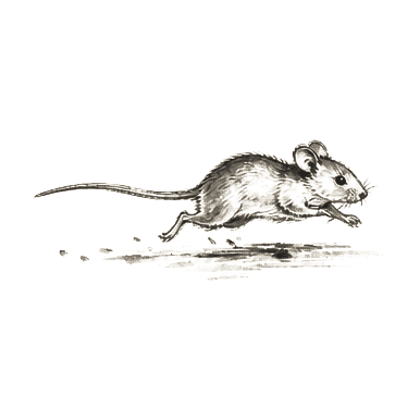 Sumi-e ink brushwork of a small mouse running across open ground, tail trailing, alone in empty space