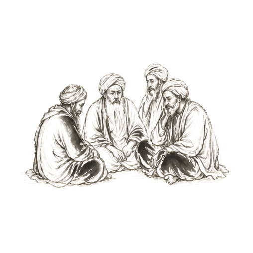 Sumi-e ink brushwork of a small group of three or four robed elders seated together, looking troubled, alone in empty space