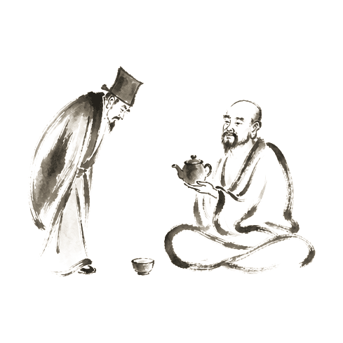 Sumi-e ink brushwork of a bowed visitor facing a seated older figure who holds a small teapot, with a small cup between them