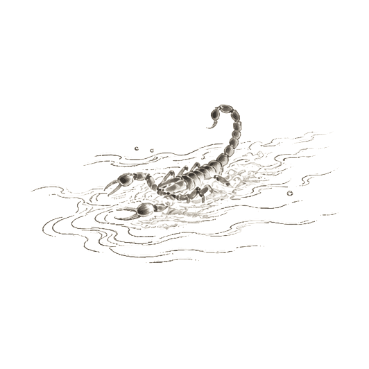 Sumi-e ink brushwork of a small scorpion in flowing water with visible ripples, alone in empty space