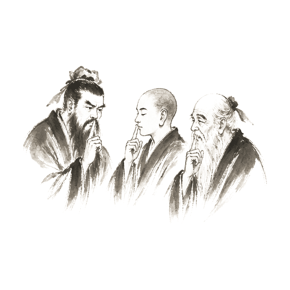 Sumi-e ink brushwork of three distinct robed figures with fingers raised near their mouths, gathered together