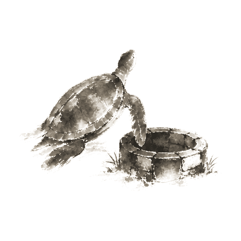 Sumi-e ink brushwork of a sea turtle beside a small round stone well, one flipper near the rim