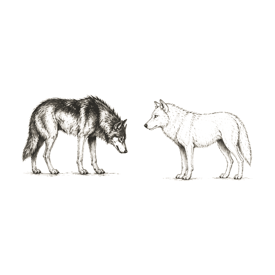 Sumi-e ink brushwork of one dark wolf and one light wolf facing each other in empty space, mirrored