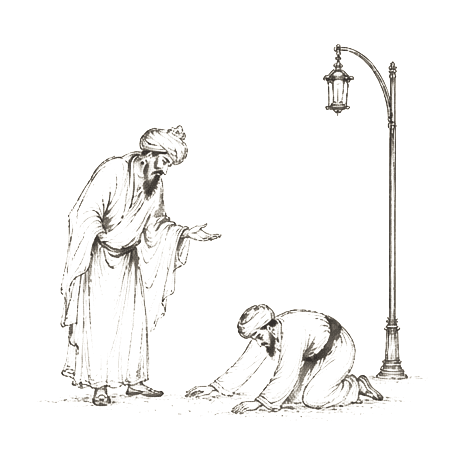 Sumi-e ink brushwork of two robed figures, one kneeling under a streetlamp, the other standing and gesturing in question