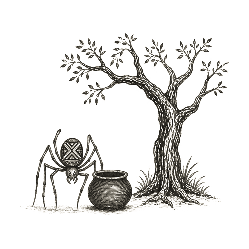 Sumi-e ink brushwork of a tree with a spider figure and a separate clay pot at its base