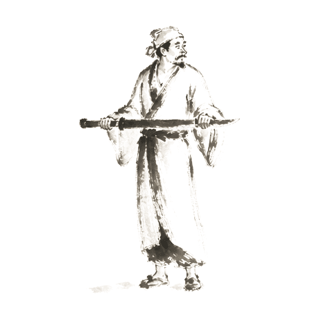 Sumi-e ink brushwork of the cook holding a long knife horizontally at chest height