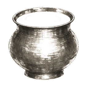 Sumi-e ink brushwork of a single brass vessel filled to the absolute brim with milk, alone in empty space