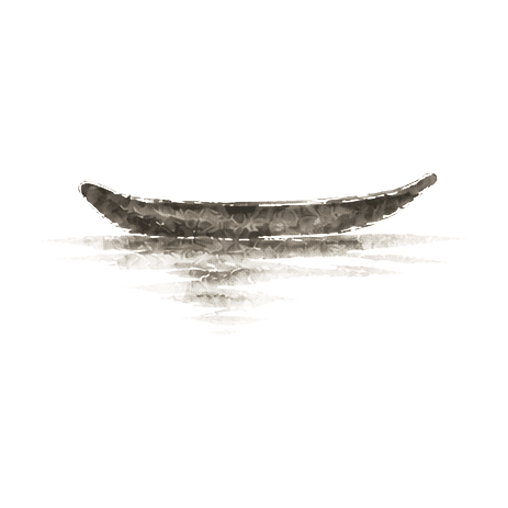 Sumi-e ink brushwork of a single small slim sampan, no figure aboard, on still water