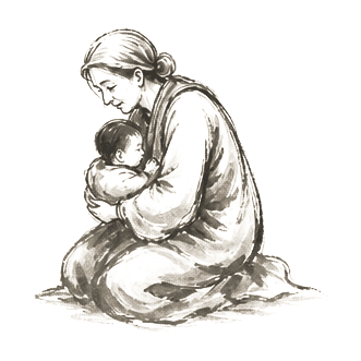 Sumi-e ink brushwork of a mother kneeling on the ground holding a small still child in her arms, head bowed toward the child, alone