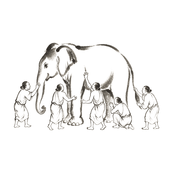 Sumi-e ink brushwork of an elephant with several small human hands reaching from different directions to touch its body — side, tusk, trunk, leg, ear, tail