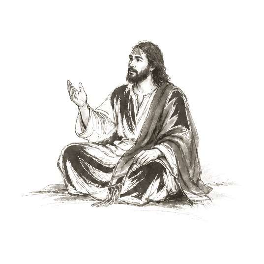 Sumi-e ink brushwork of a seated robed teacher with one hand lifted in a calm teaching gesture, alone in empty space