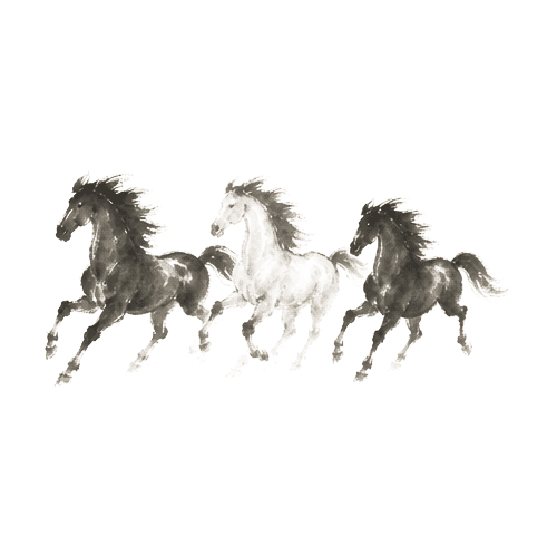 Sumi-e ink brushwork of two dark horses and one light horse moving together as a small herd