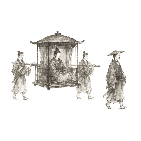Sumi-e ink brushwork of a robed figure seated inside a covered palanquin with attendants, with another robed figure passing in a small procession