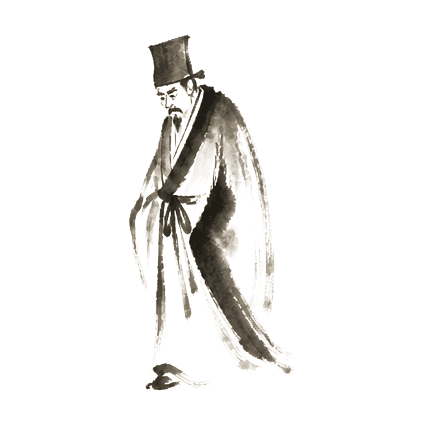 Sumi-e ink brushwork of a learned visitor in formal robes and a tall scholar’s hat, walking forward, head bowed slightly