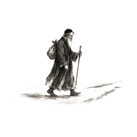 Sumi-e ink brushwork of a small robed figure walking with a wooden staff and a small bundle, alone on an empty road