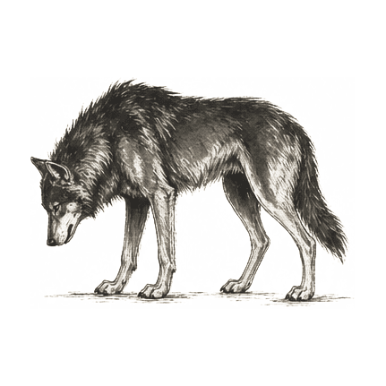 Sumi-e ink brushwork of a single wolf rendered in heavy dark ink, head lowered and shoulders tense, alone in empty space