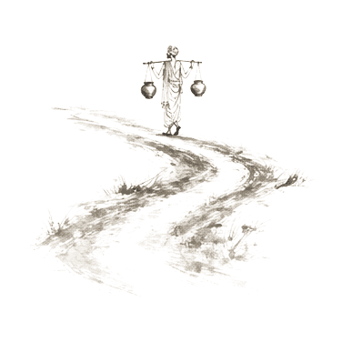 Sumi-e ink brushwork of a long dusty path crossing empty space, a small bearer walking alone in the distance